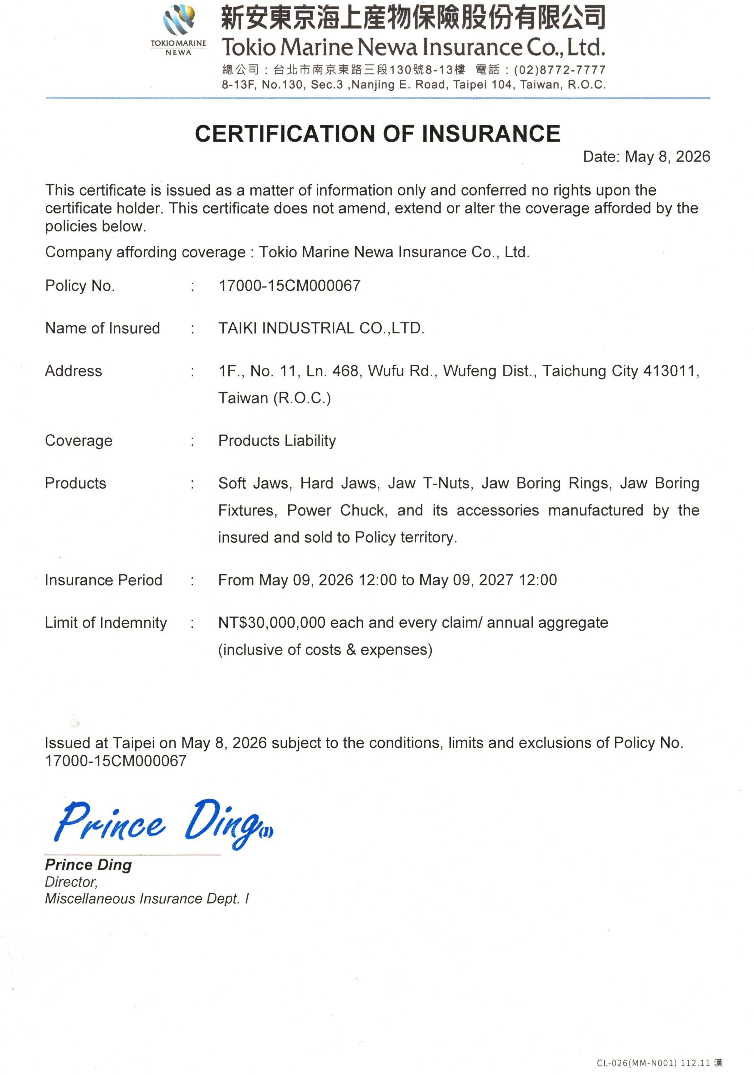 Certification of Insurance